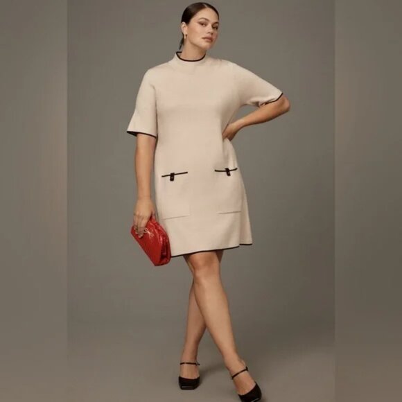 Anthropologie Annalise Mock-Neck Mini Sweater Dress by Maeve Creme/Black Medium - Picture 6 of 14